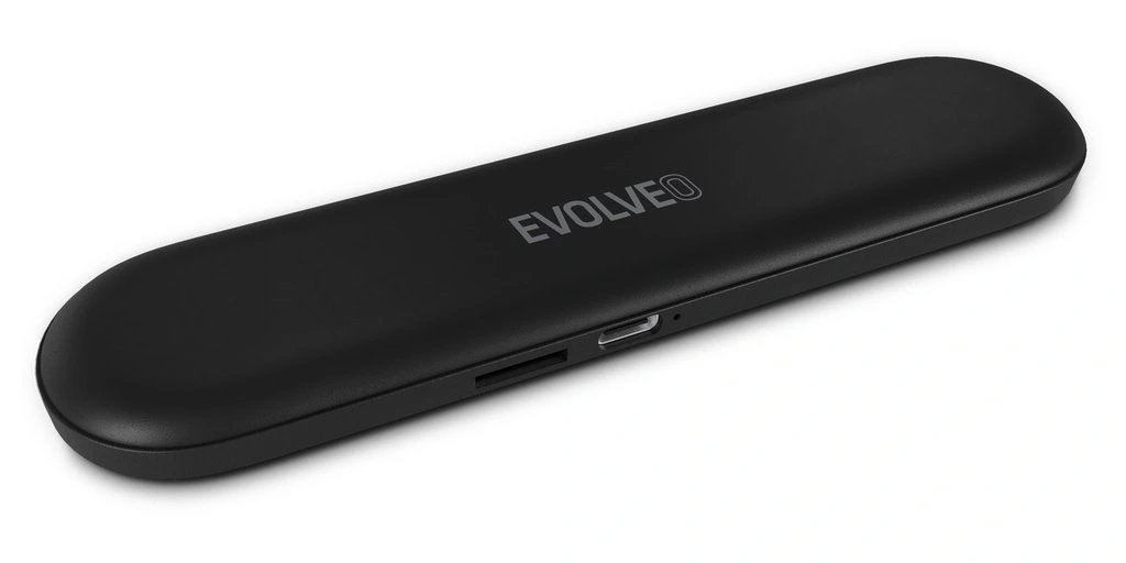 Černý EVOLVEO XSleep v šikmém pohledu s viditelným USB-C portem a slotem pro microSD.