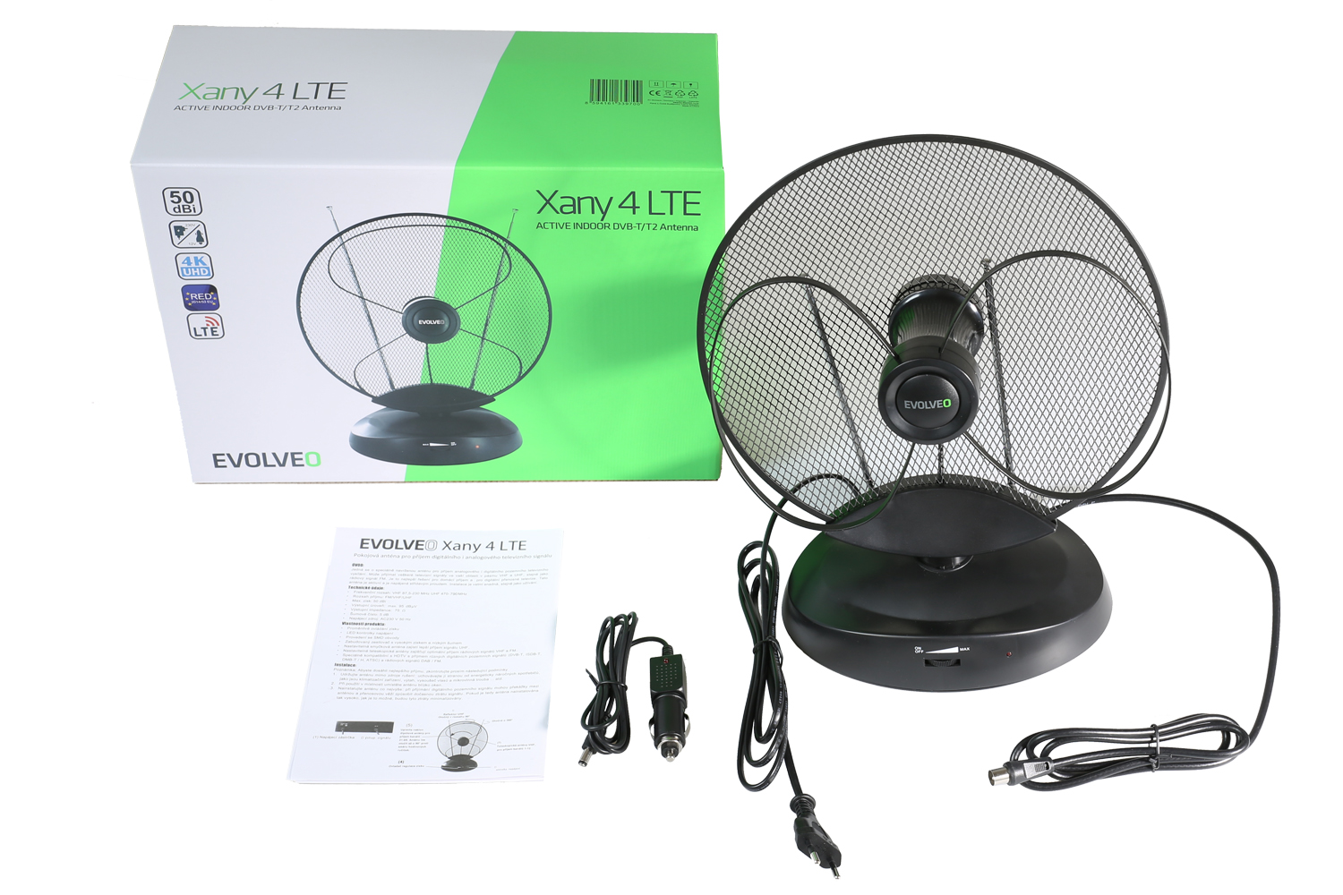 EVOLVEO Xany 4, 230/12V, aktivní pokojová anténa FM/DAB+/DVB-T2, filtr LTE,4G,5G