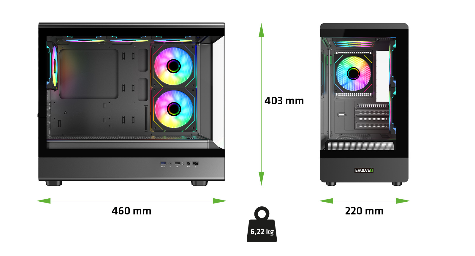 EVOLVEO Ursus, skříň mATX, 6x ARGB ventilátor 120mm, skleněná bočnice + přední panel, černá