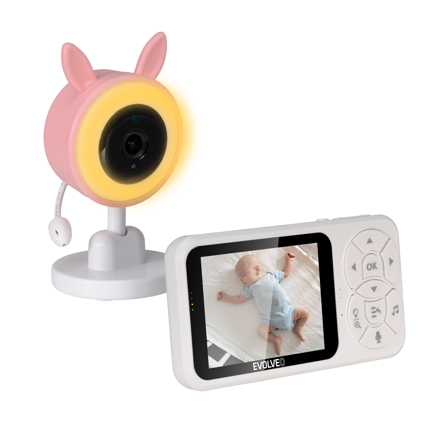 EVOLVEO Baby Monitor N35 – dětská chůvička s kamerou, VOX, teploměr, noční vidění, RGB světlo  Růžová