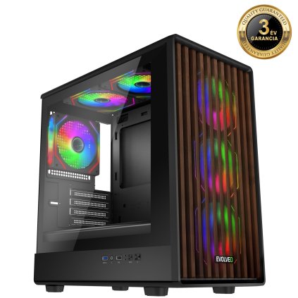 EVOLVEO Panthera, mATX ház, 6x ARGB ventilátor 120 mm, fa előlap + üveg oldalfal