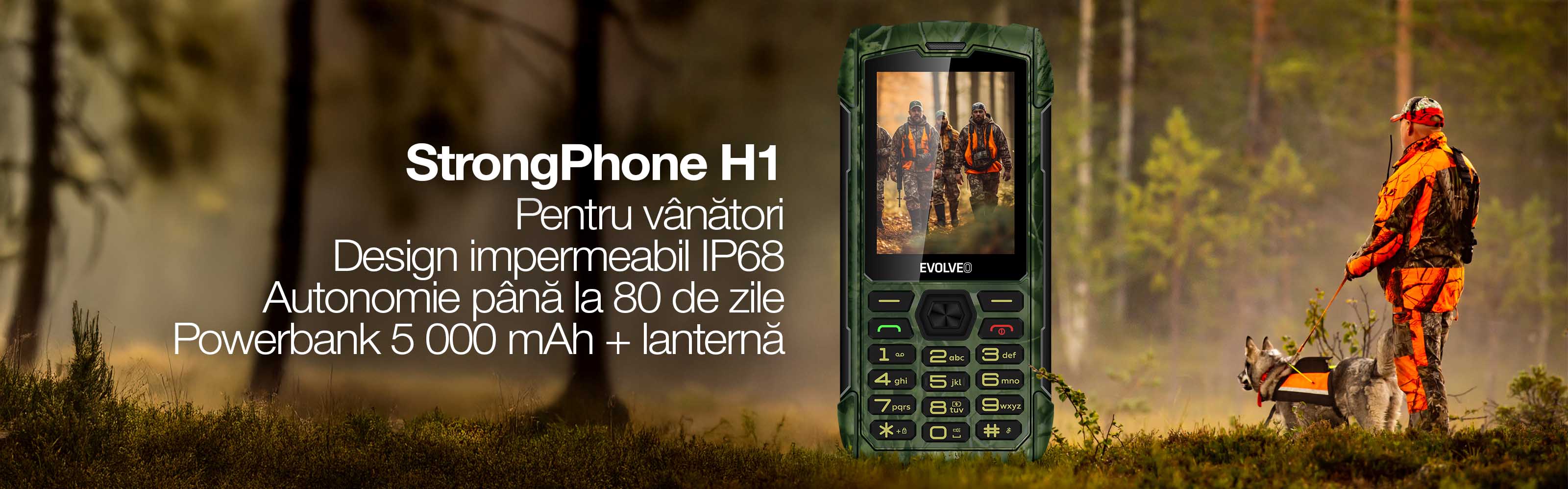 EVOLVEO StrongPhone H1, telefon Dual SIM rezistent și impermeabil, camuflaj de vânătoare