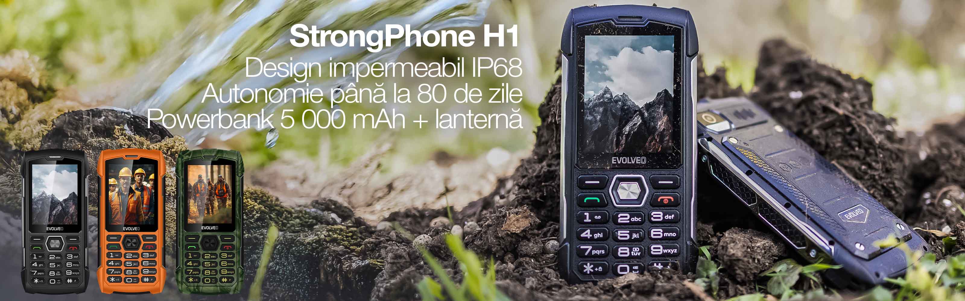 EVOLVEO StrongPhone H1, telefon dual SIM rezistent la apă și rezistent la apă, negru-argintiu