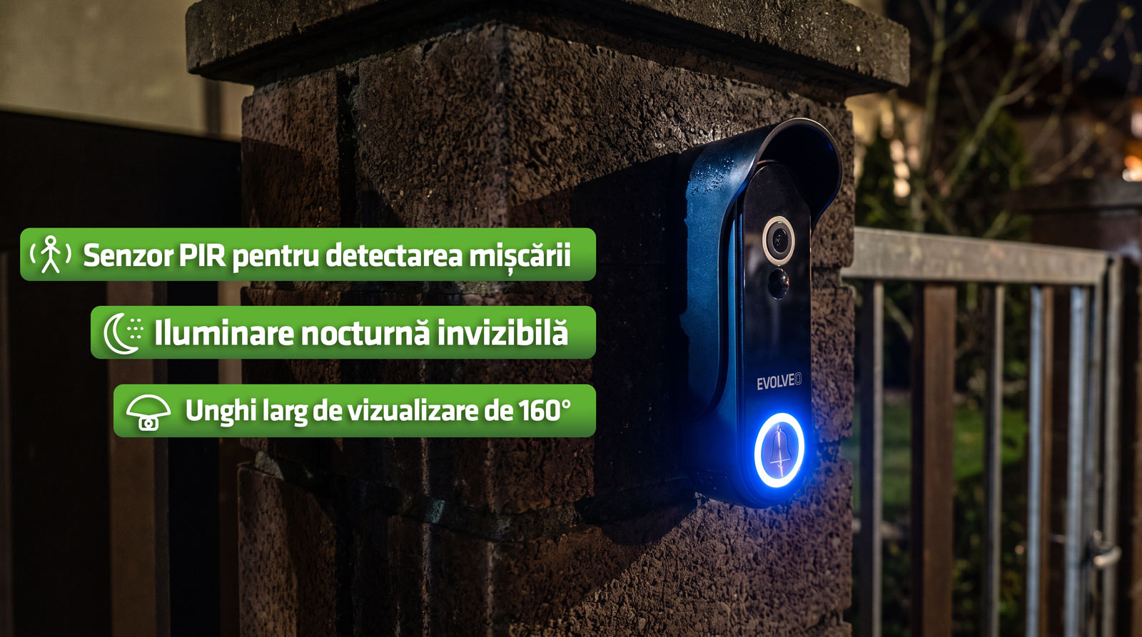 DoorPhone W8: detecție a mișcării prin PIR, iluminare nocturnă în infraroșu și unghi de vizualizare de 160°