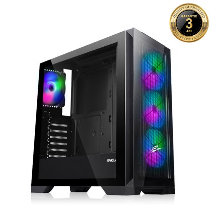 EVOLVEO Ptero Q2G, carcasă ATX gaming, 4x ventilatoare ARGB, panel frontal+lateral sticlă, alb