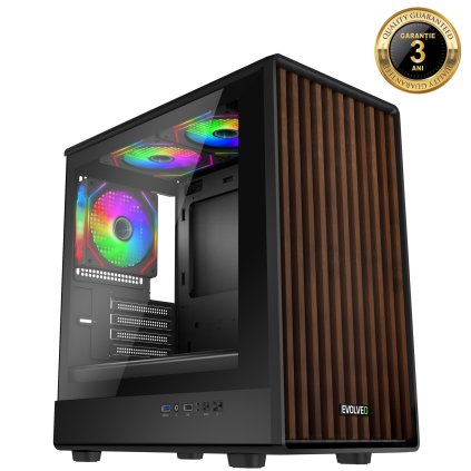 EVOLVEO Panthera, carcasă mATX, 3 ventilatoare ARGB de 120 mm, panou frontal din lemn + panou lateral din sticlă
