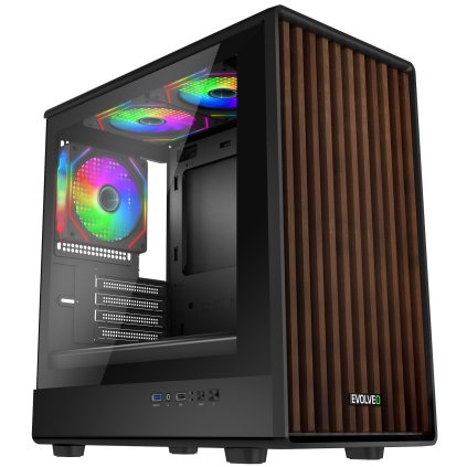 EVOLVEO Panthera, mATX skriňa, 3x ARGB 120 mm ventilátor, drevený predný panel + sklenený bočný panel