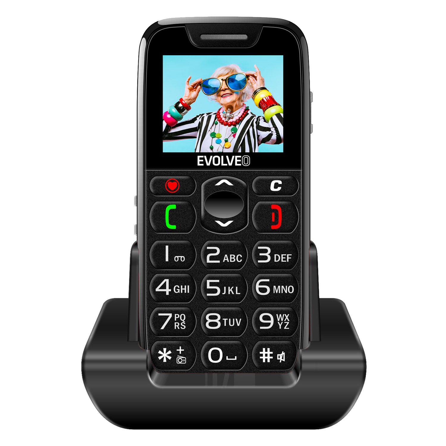 EVOLVEO EasyPhone, mobilný telefón pre seniorov s nabíjacím stojanom, čierny