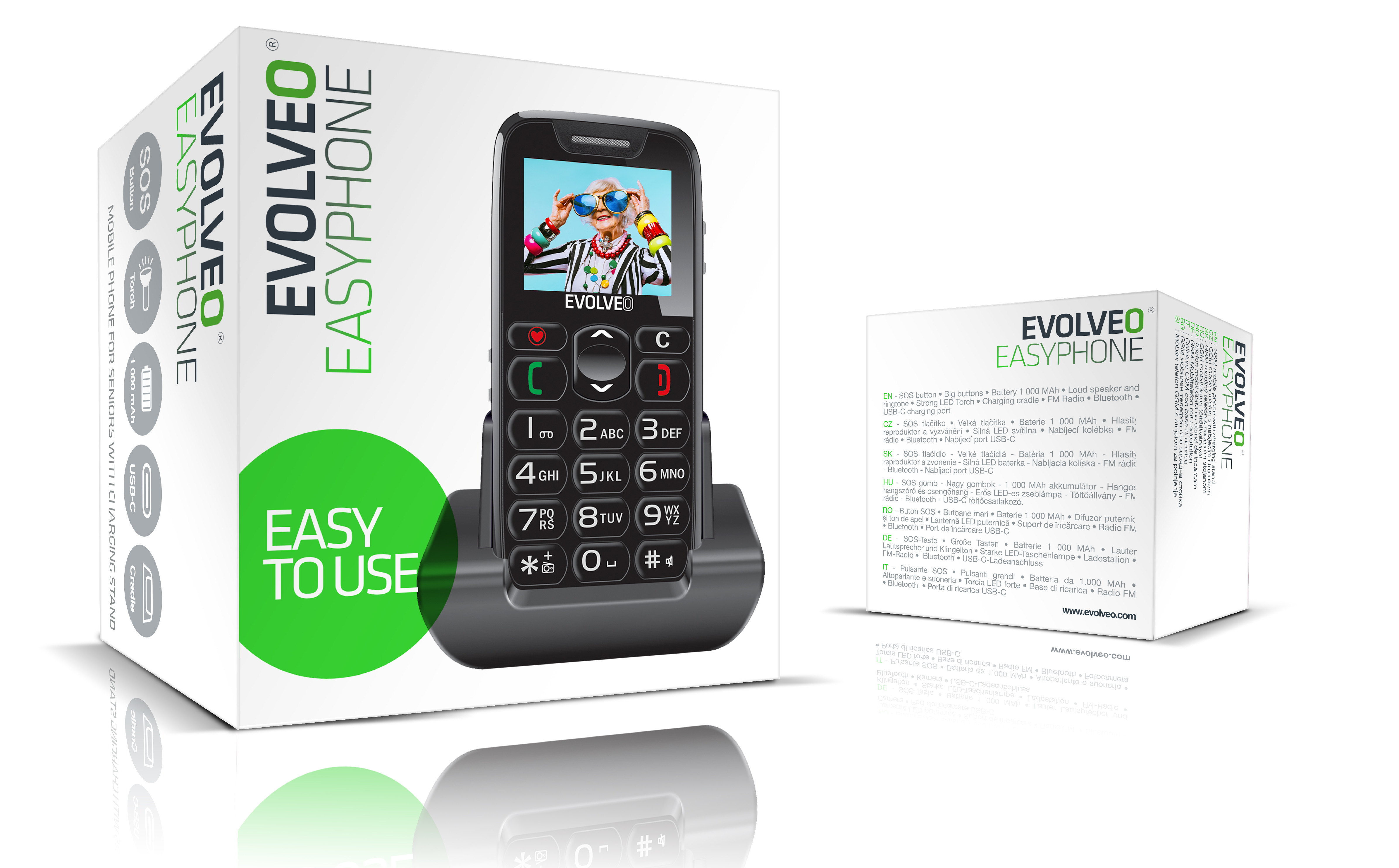 EVOLVEO EasyPhone, mobilný telefón pre seniorov s nabíjacím stojanom, čierny
