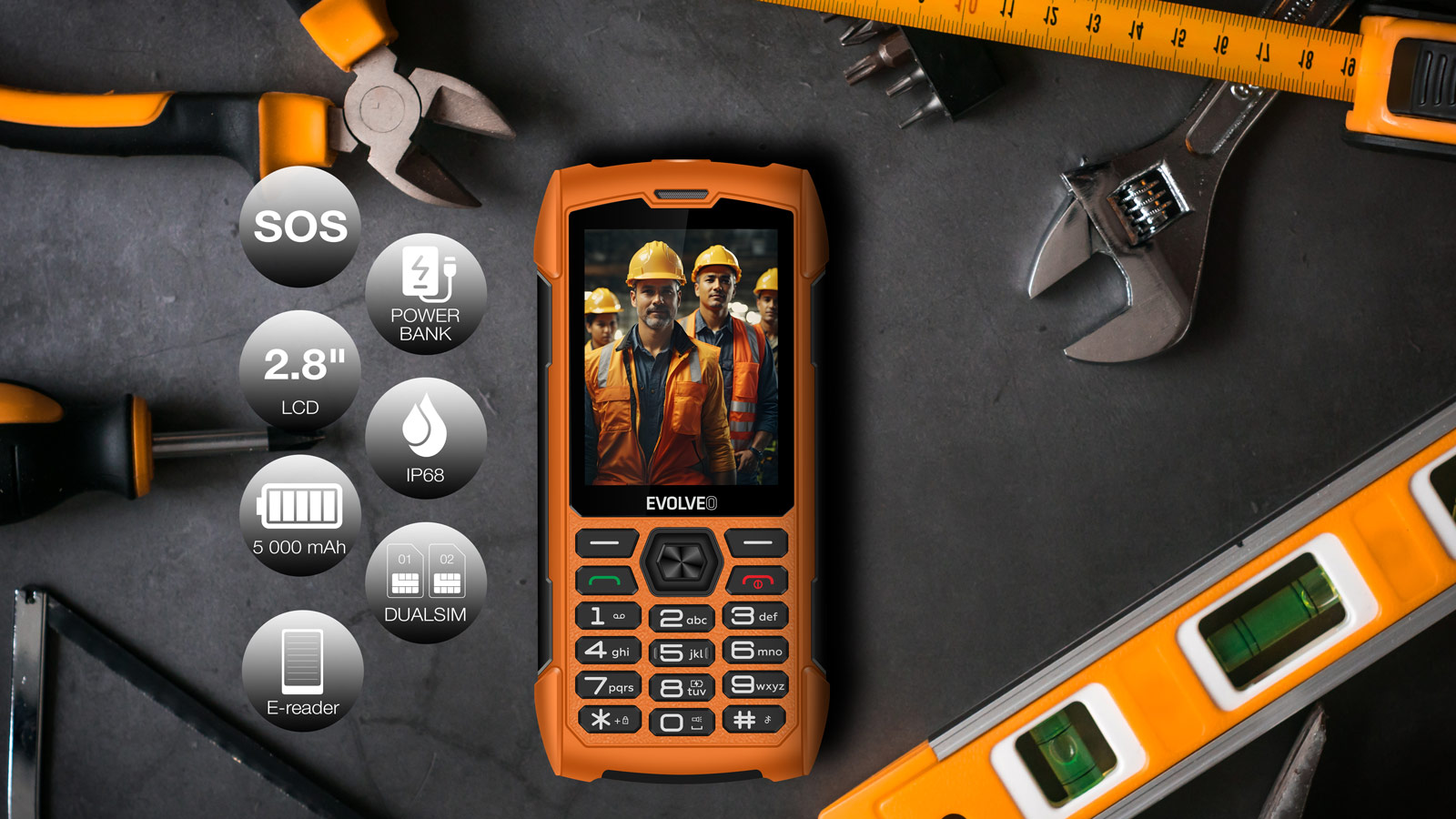 EVOLVEO StrongPhone H1, vodotesný odolný Dual SIM telefón, oranžová