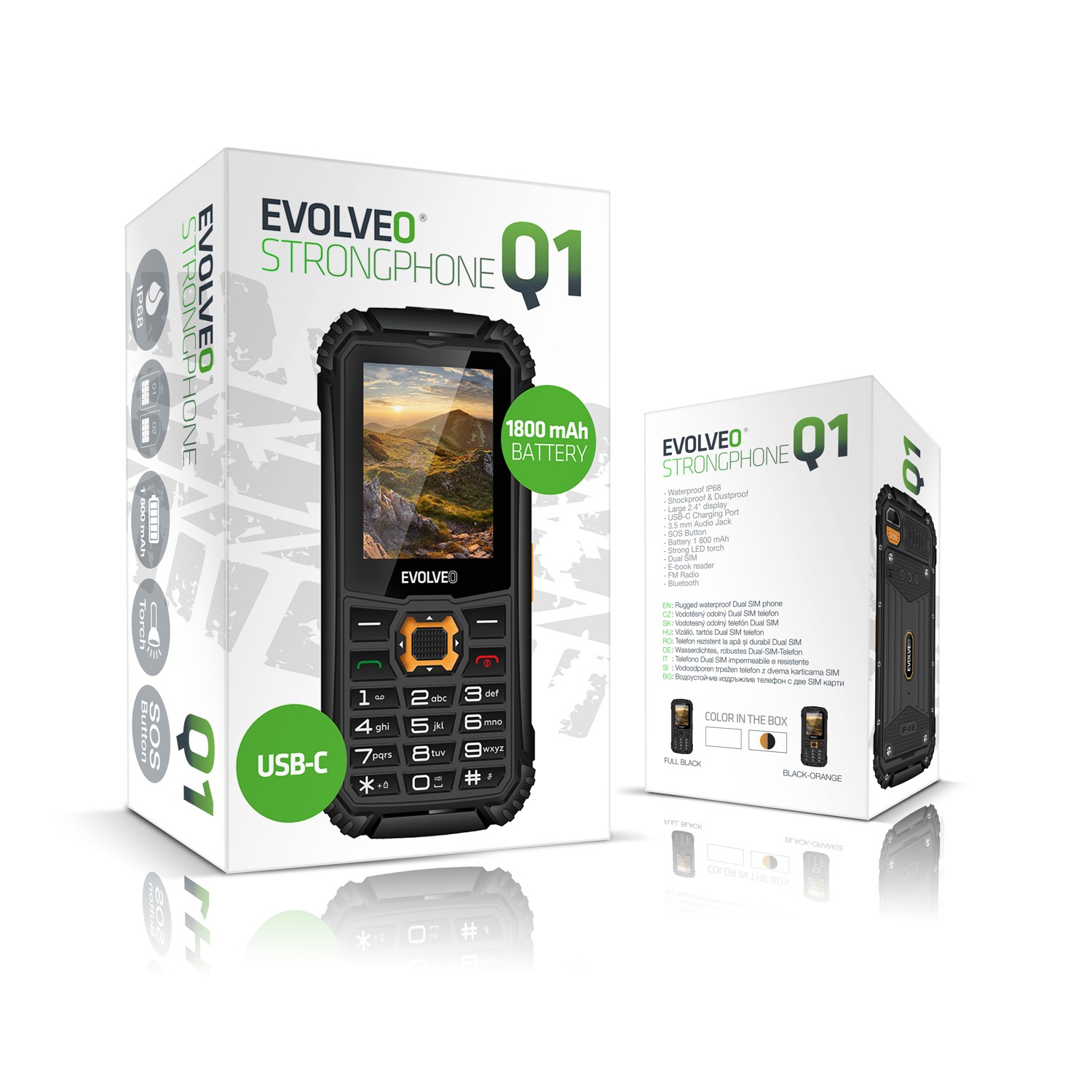 EVOLVEO StrongPhone Q1, vodeodolný odolný telefón Dual SIM, čierna a oranžová farba