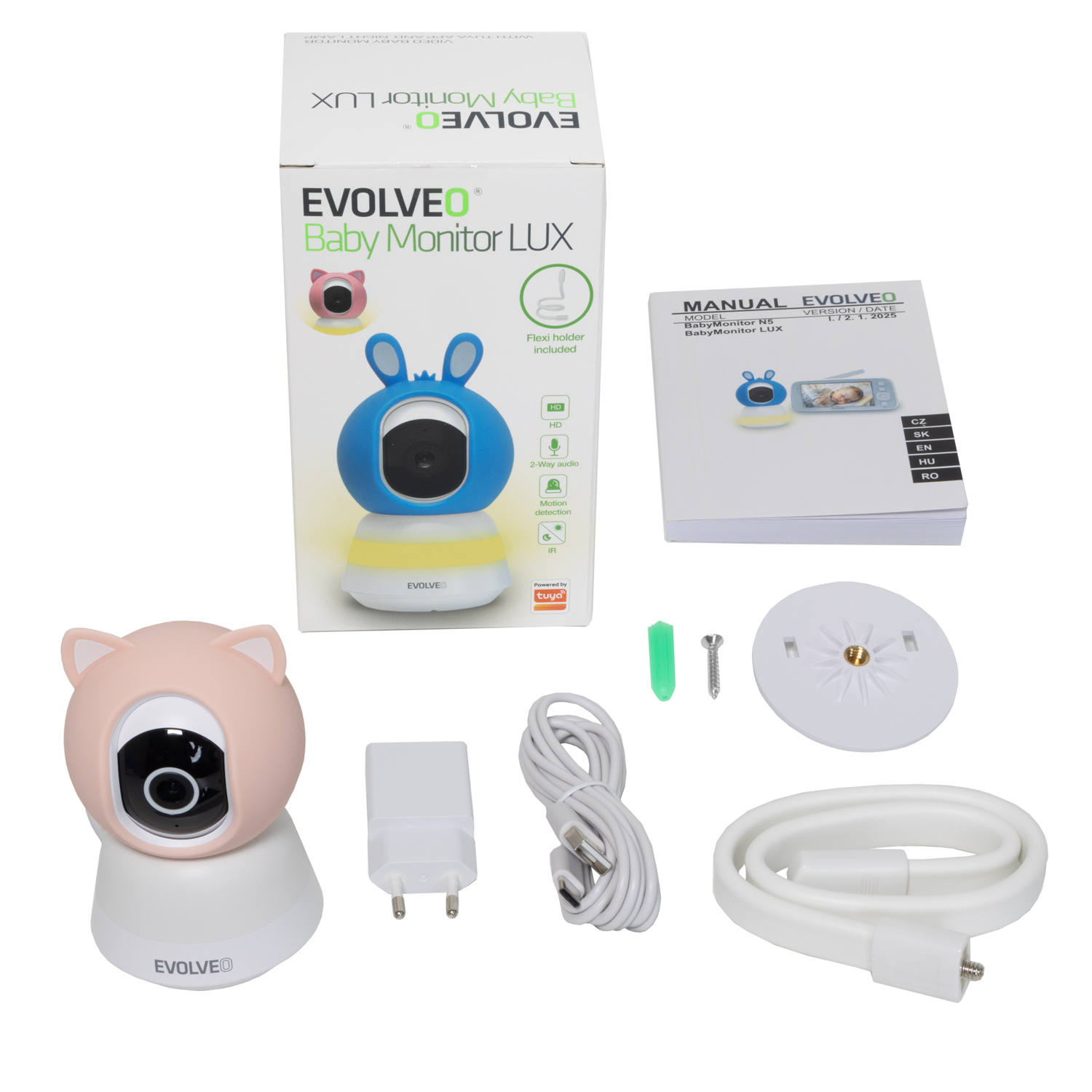 EVOLVEO Baby Monitor LUX- Inteligentný 360° video monitor s nočným videním, detekciou plaču a pohybu, ružový