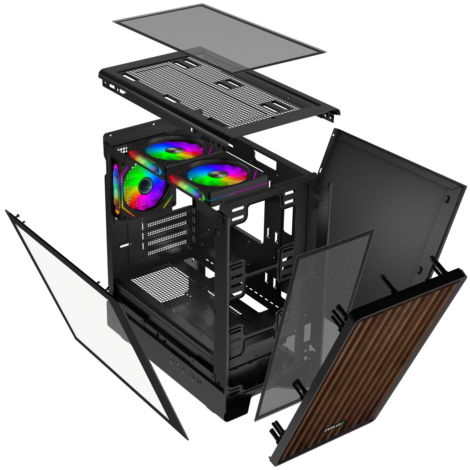 EVOLVEO Panthera, mATX skriňa, 3x ARGB 120 mm ventilátor, drevený predný panel + sklenený bočný panel