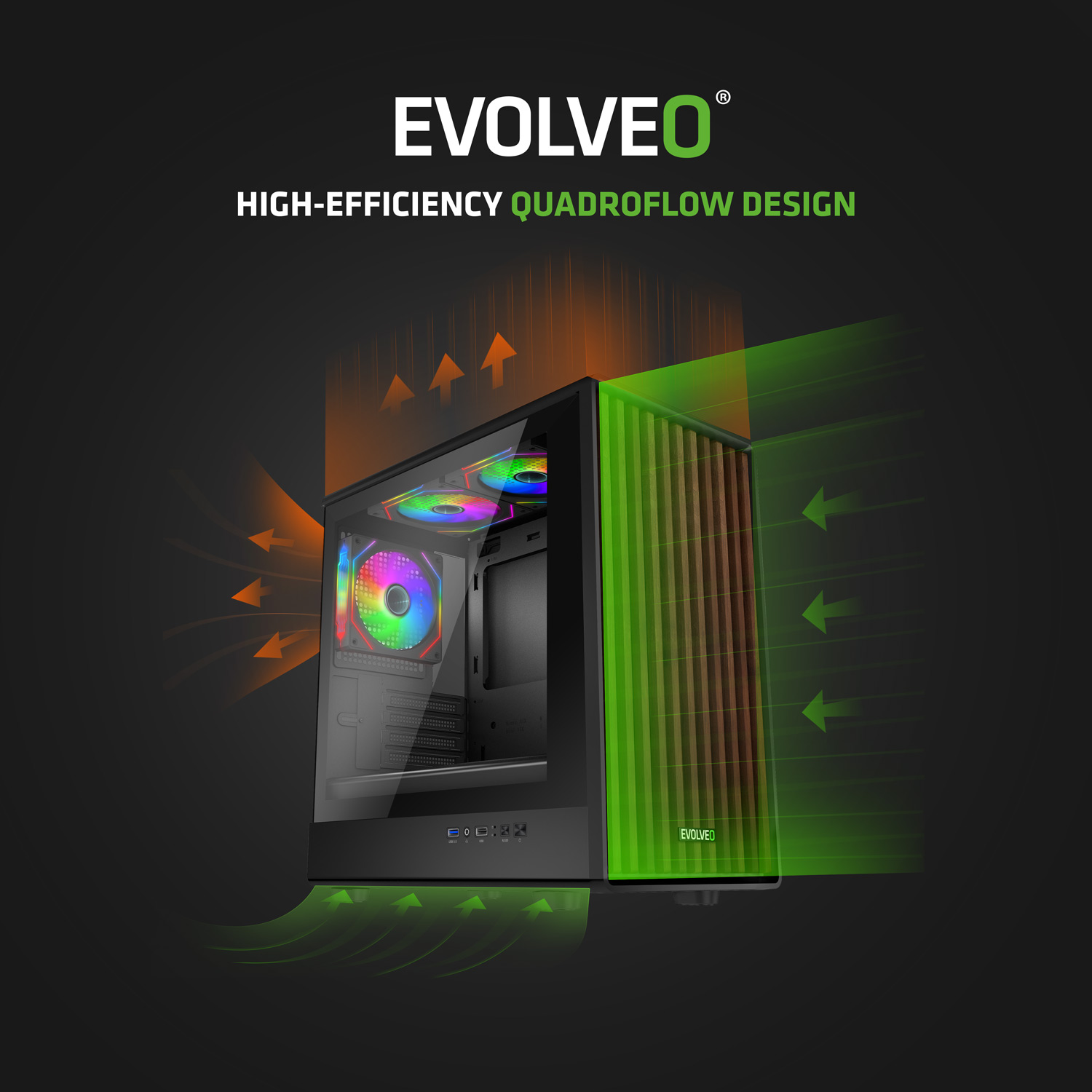 EVOLVEO Panthera, mATX skriňa, 3x ARGB 120 mm ventilátor, drevený predný panel + sklenený bočný panel
