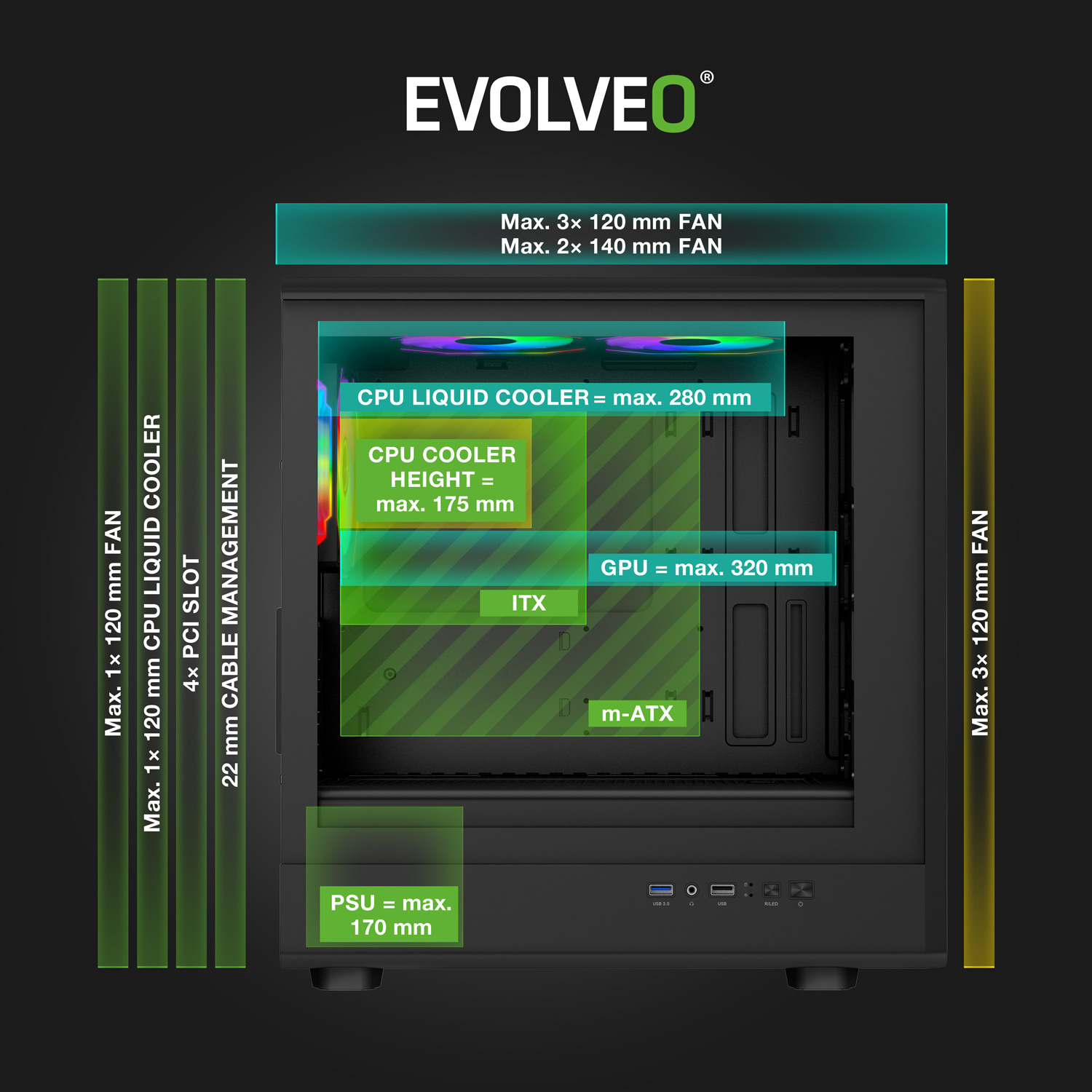 EVOLVEO Panthera, mATX skriňa, 3x ARGB 120 mm ventilátor, drevený predný panel + sklenený bočný panel