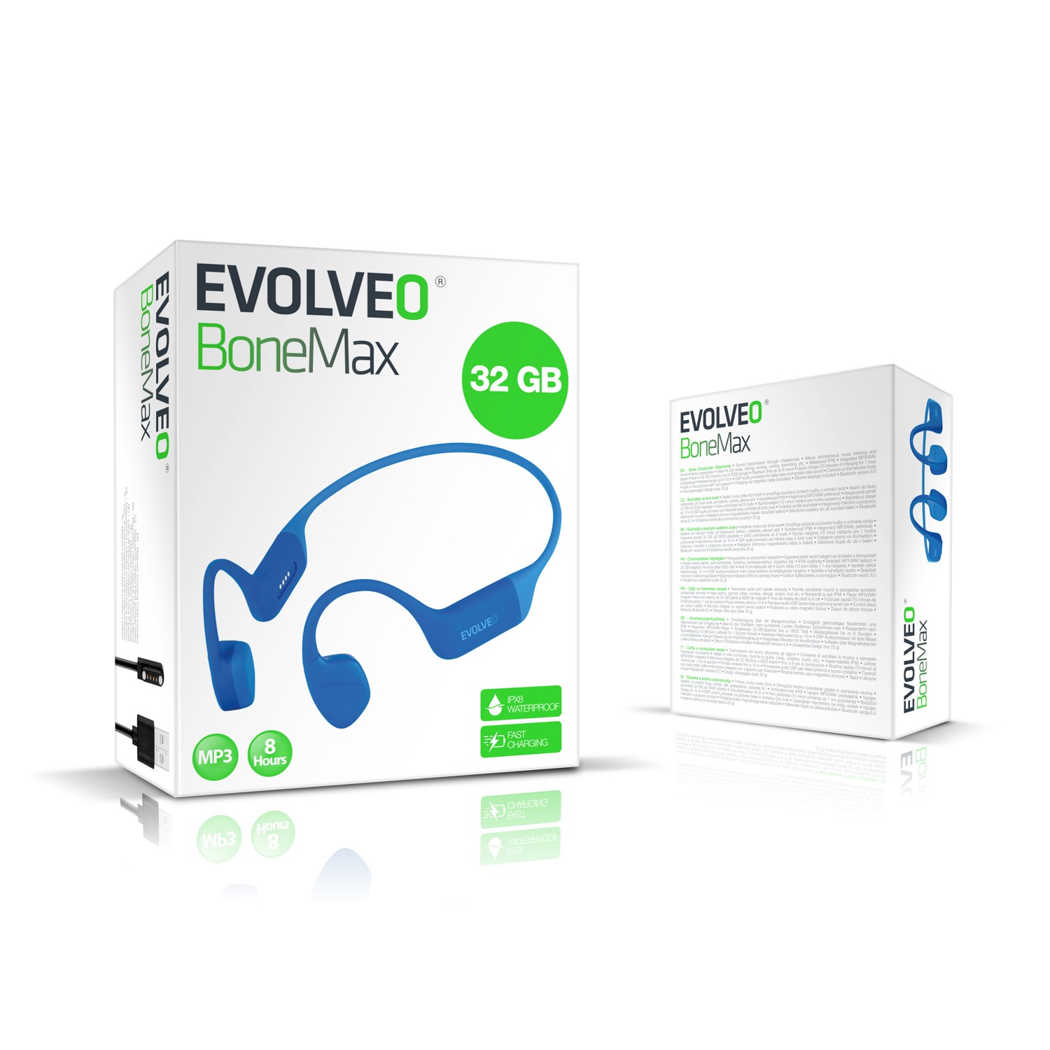 EVOLVEO BoneMax, bezdrôtové slúchadlá na lícne kosti, MP3 32 GB, IPX8, modré