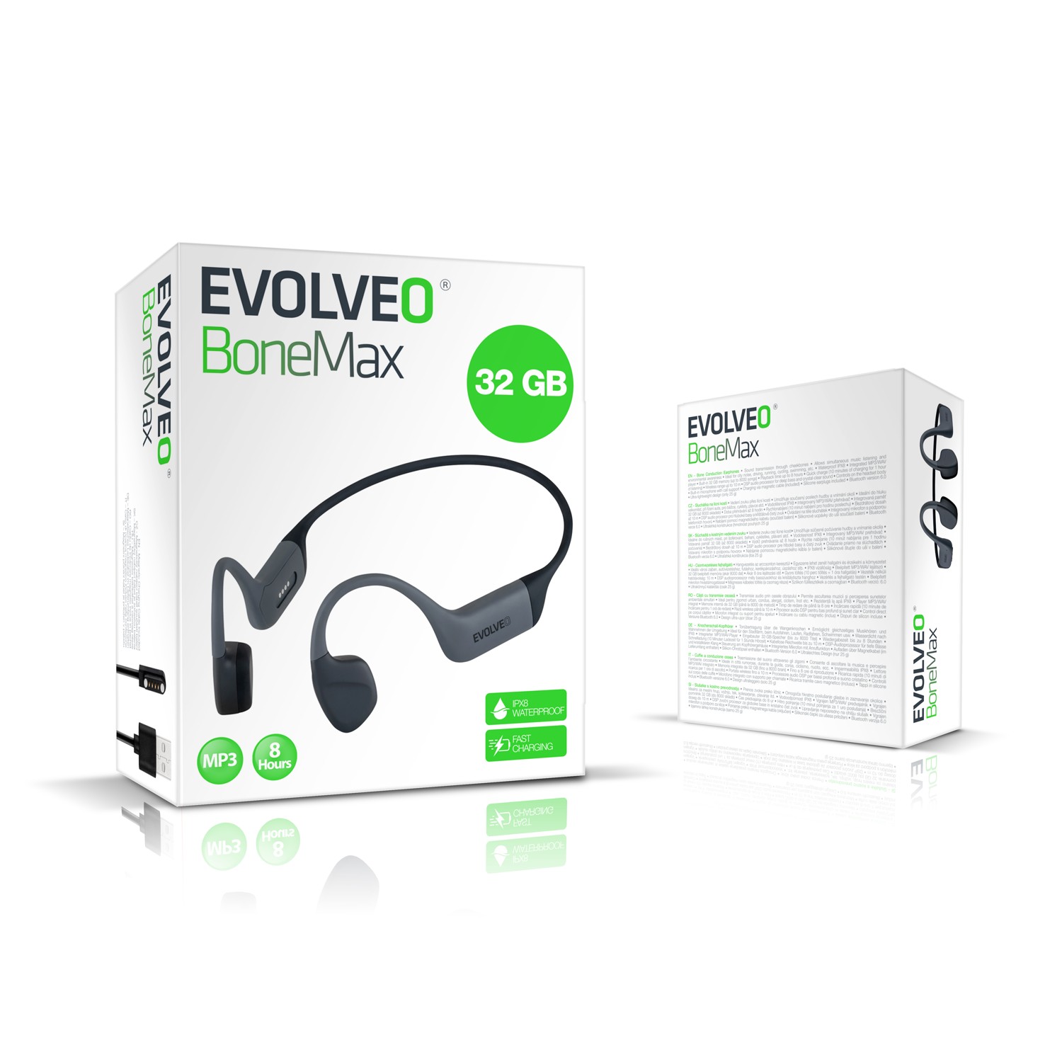 EVOLVEO BoneMax, bezdrôtové slúchadlá na lícne kosti, MP3 32 GB, IPX8, sivé