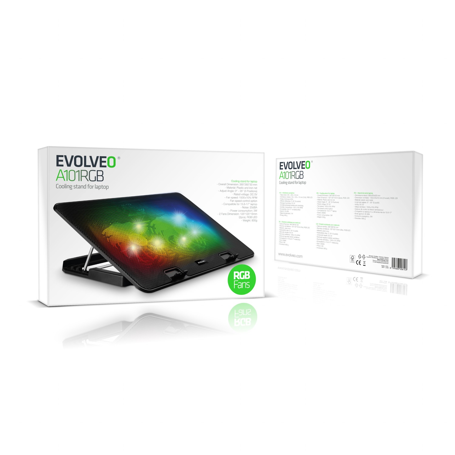 EVOLVEO A101RGB, chladiaca podložka pre notebooky, 2x ventilátor, RGB podsvietenie
