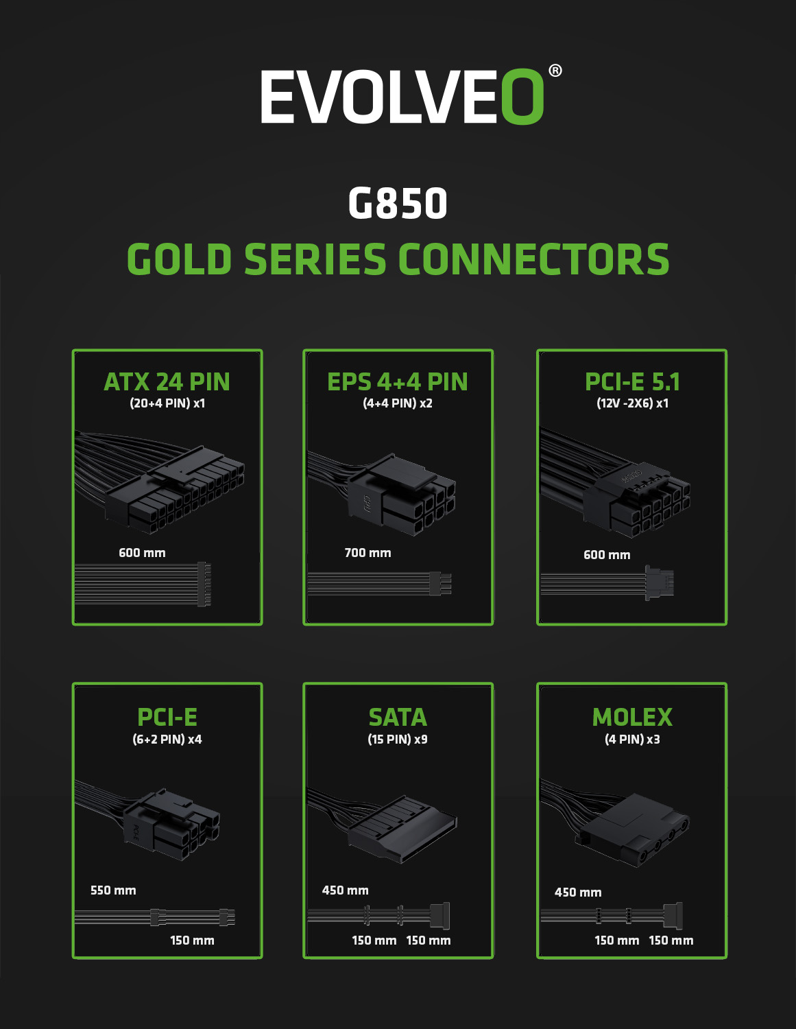 EVOLVEO G850 850 W, 80+ GOLD, ATX 3.1, aPFC, ventilátor 140 mm, 3-ročná záruka, biela farba