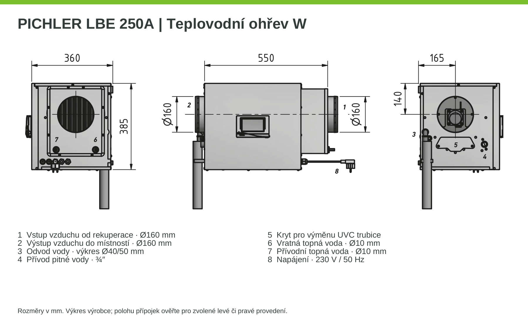 LBE 250A W – rozměry a přípojky