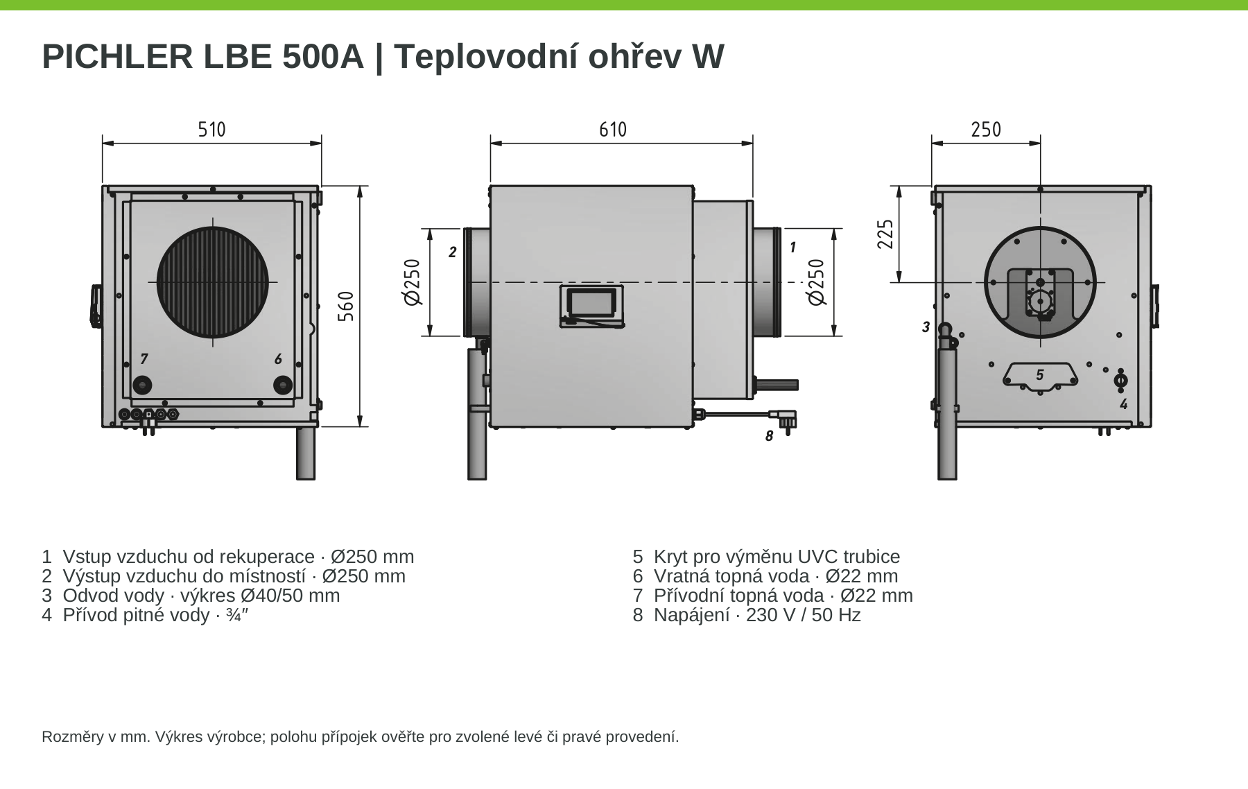 LBE 500A W – rozměry a přípojky