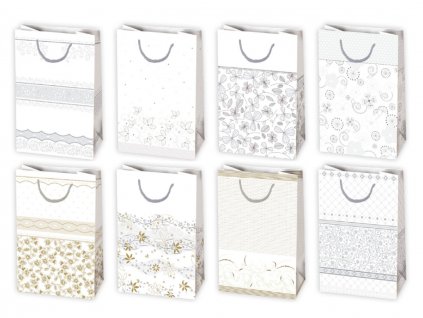 Biele papierové tašky s ornamentami, elegantné tašky, darčekové tašky biele. 