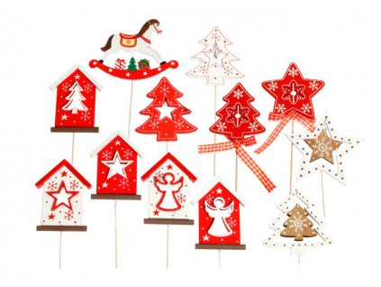 Drevená dekorácia vianočná zápich - červená a biela