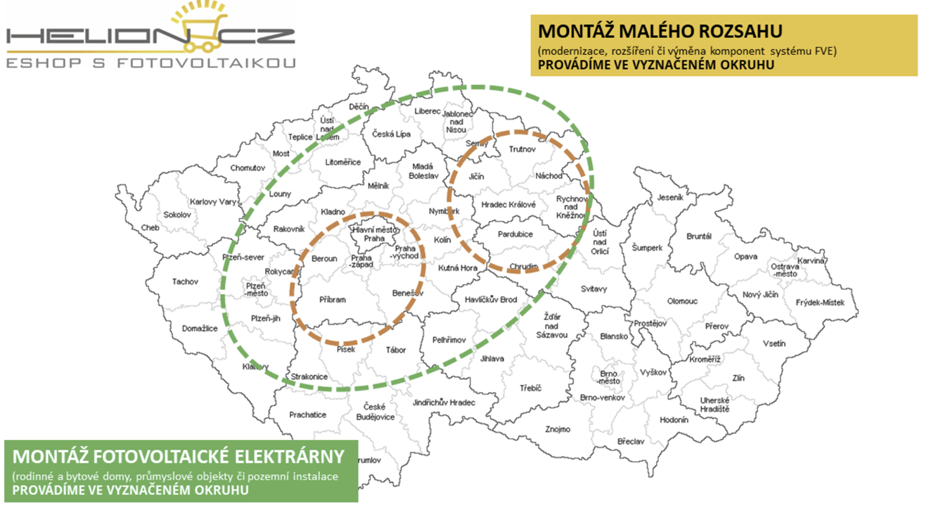 Mapa oblastí, kde Helion provádí montáže a modernizace fotovoltaických elektráren