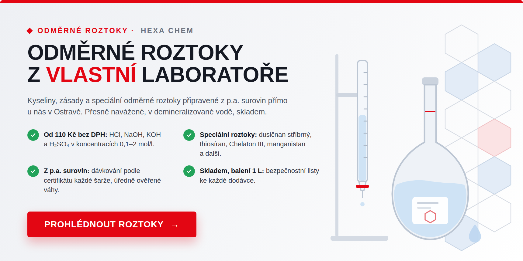 Odměrné roztoky z vlastní laboratoře HEXA CHEM – kyseliny, zásady a speciální roztoky p.a. od 110 Kč bez DPH