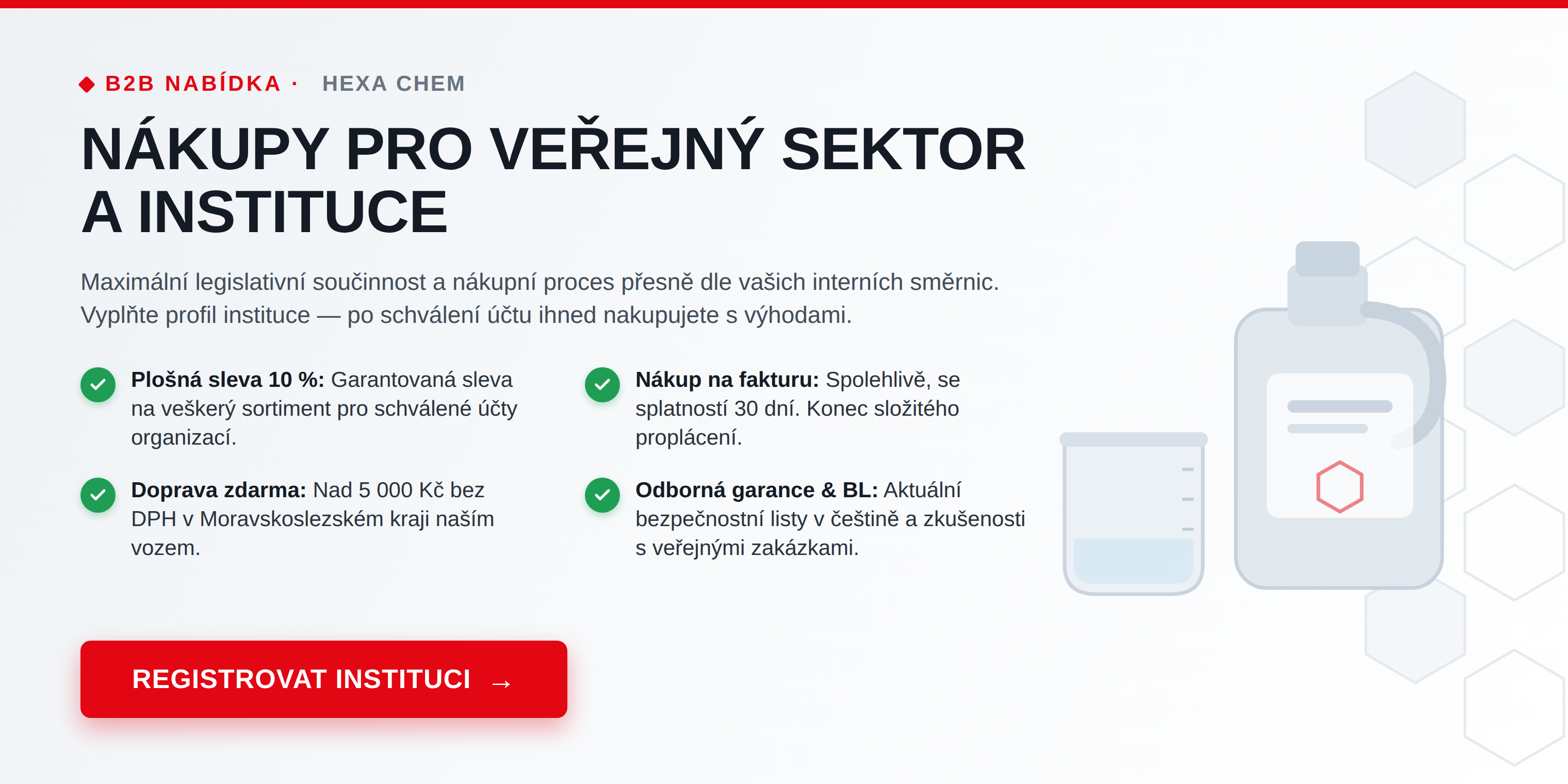 banner HEXA CHEM – nákup chemie pro veřejný sektor a instituce: plošná sleva 10 %, nákup na fakturu se splatností 30 dní a doprava zdarma.