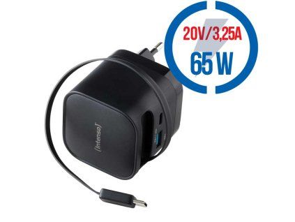 INTENSO W65ACIC GaN, USB-A, C, Nabíjačka, 65W, čier