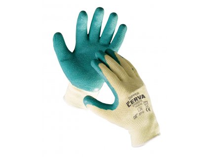 Pracovní rukavice pletené bezešvé nylonové polomáčené v latexu DIPPER žlutá-zelená