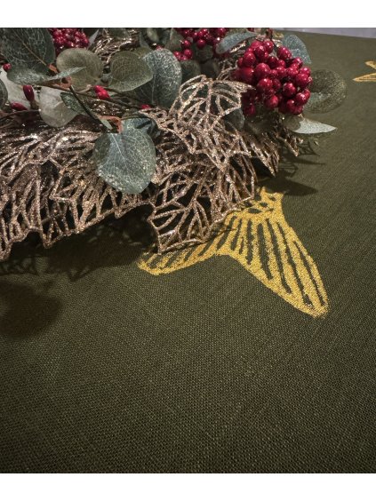 UBRUS LNĚNÝ OLIVOVÝ SE ZLATÝM TISKEM 150 x 200 cm