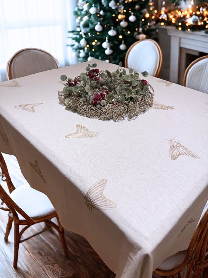 UBRUS LNĚNÝ LIGHT IVORY - S PLATINOVÝM TISKEM 145 x 235 cm