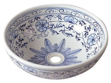 SAPHO - PRIORI keramické umyvadlo na desku, Ø 41 cm, bílá s modrým vzorem PI012