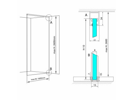 Sada lišt pro uchycení skla ARCHITEX LINE podlaha-stěna-strop, šíře 160 cm, leštěný hliník (AL2816)