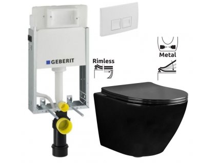 GEBERIT KOMBIFIXBasic vč. bílého tlačítka DELTA 50 + WC REA CARLO MINI RIMFLESS ČERNÁ + SEDÁTKO 110.100.00.1 50BI CL1