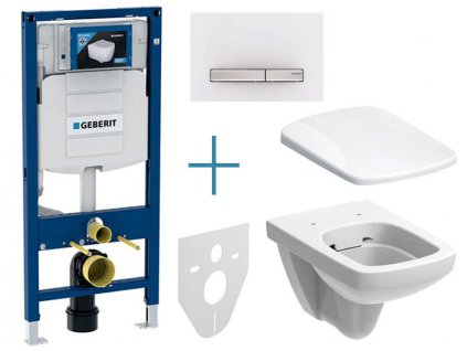 Geberit Duofix - sada pro závěsné WC 111.300.00.5 JX + rimfree klozet a sedátko Geberit Selnova Square + tlačítko Sigma50, alpská bílá/hliník kartáčovaný (111.300.00.5 JX8)