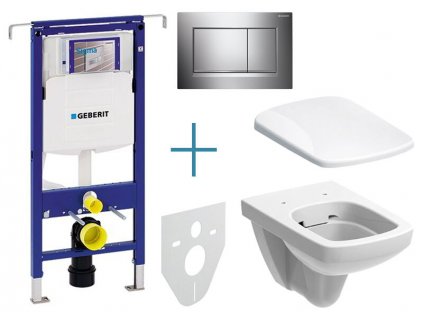 Geberit Duofix Special - sada pro závěsné WC 111.355.00.5 JX + rimfree klozet a sedátko Geberit Selnova Square + tlačítko Sigma30, chrom lesk/mat/lesk (111.355.00.5 JX6)