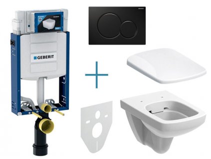 Geberit Kombifix - sada pro závěsné WC 110.302.00.5 JX + rimfree klozet a sedátko Geberit Selnova Square + tlačítko Sigma01, černá (110.302.00.5 JX2)