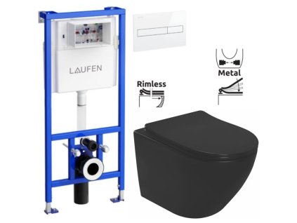 LAUFEN Rámový podomítkový modul CW1 SET s bílým tlačítkem + WC REA CARLO MINI RIMLESS ČIERNY MAT + SEDADLO H8946600000001BI MM1