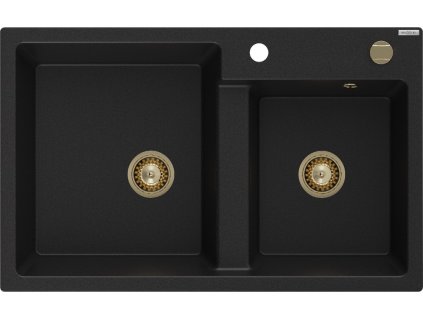 MEXEN/S - Tomas granitový dřez 2-bowl 800x500 mm, czarny, + zlatý sifon 6516802000-77-G
