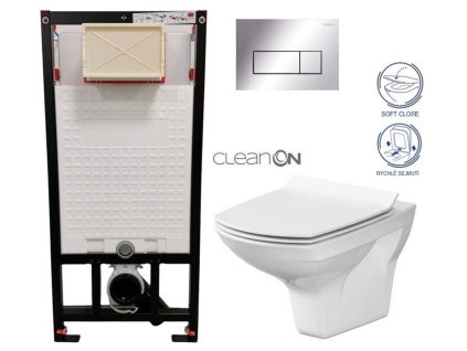 DEANTE Podomítkový rám, pro závěsné WC mísy + SLIM tlačítko chrom + WC CERSANIT CLEANON CARINA + SEDÁTKO CST_WC01 051P CA3