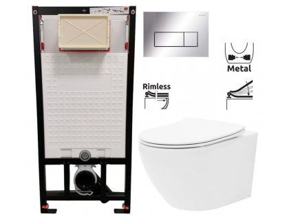 DEANTE Podomítkový rám, pro závěsné WC mísy + SLIM tlačítko chrom + WC REA Carlo Flat Mini Rimless + SEDÁTKO CST_WC01 051P CF1