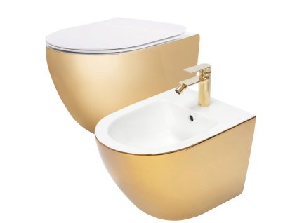 REA/S - Sada: WC Závěsná mísa CARLO Flat + Závěsný Bidet CARLO MINI - Zlatá-bílá KPL-C2288