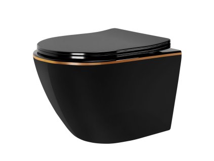 REA - Závěsná WC mísa včetně sedátka Carlo Mini Flat černá/zlatý proužek + sedátko duraplast REA-C8800