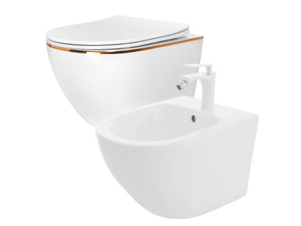 REA/S - SET závěsné WC Carlo Flat Mini Gold Edge Rimless + Bidet Carlo Mini REA-C1222 + REA-C2276