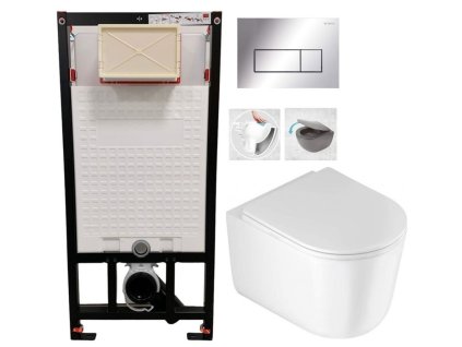 DEANTE Podomítkový rám, pro závěsné WC mísy + SLIM tlačítko chrom + WC DEANTE Jasmin se sedátkem RIMLESS CST_WC01 051P JA1