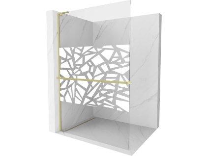 MEXEN/S - Kioto+ L Sprchová zástěna WALK-IN s poličkou a držákem ručníků 80 x 200, bílý vzor, zlatá kartáčovaná 800-080-123-55-85