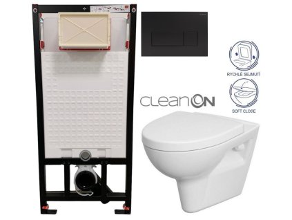 DEANTE Podomítkový rám, pro závěsné WC mísy + SLIM tlačítko černé + WC CERSANIT CLEANON PARVA + SEDÁTKO CST_WC01 N51P PA1
